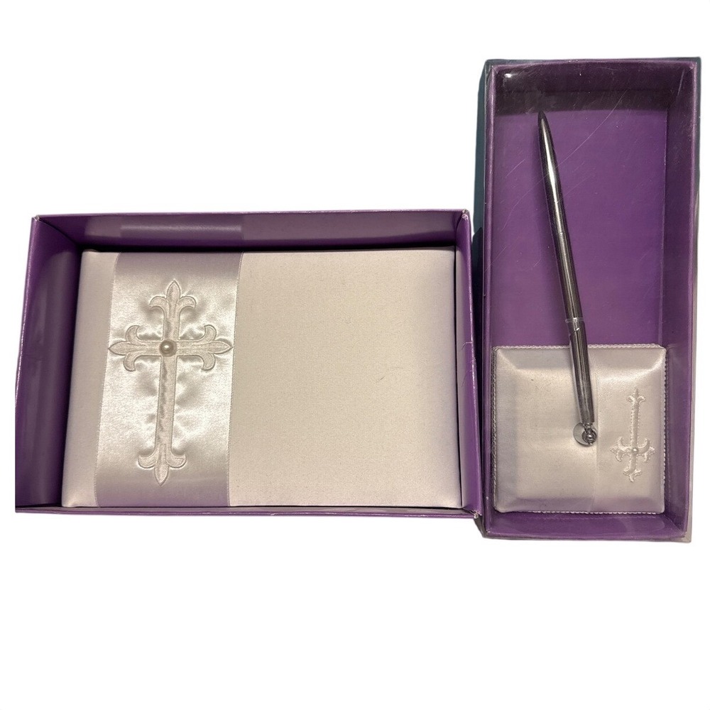 Cathy's Concepts Wedding Guest Book‎ and Pen Set White Satin CROSS Pearl Detail
